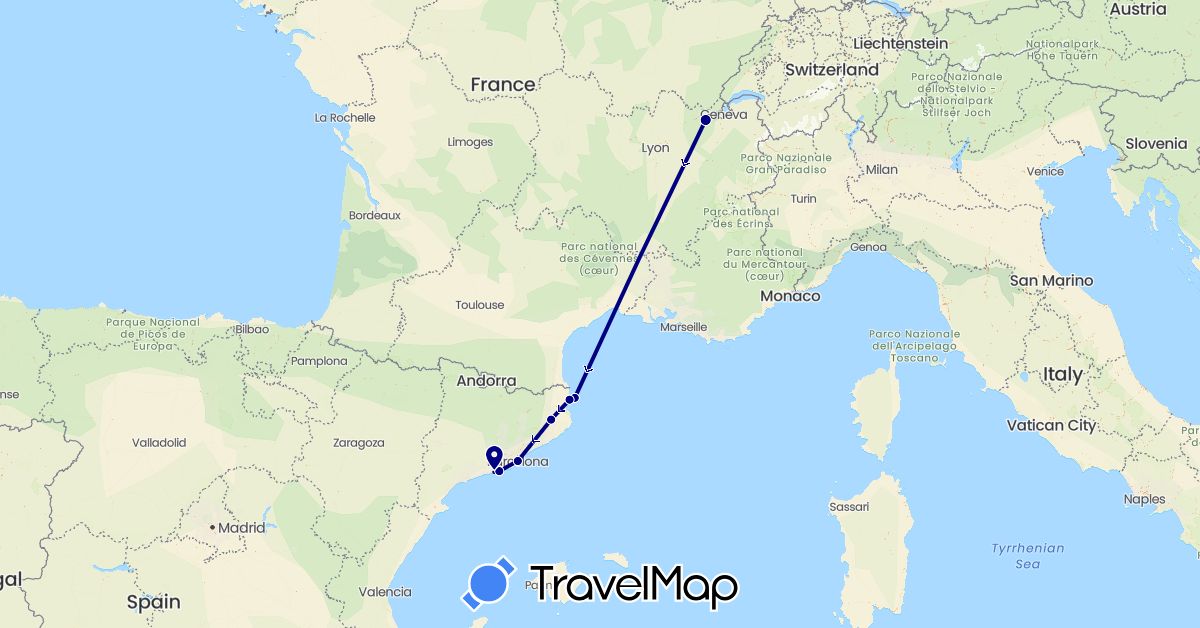 TravelMap itinerary: driving in Spain, France (Europe)